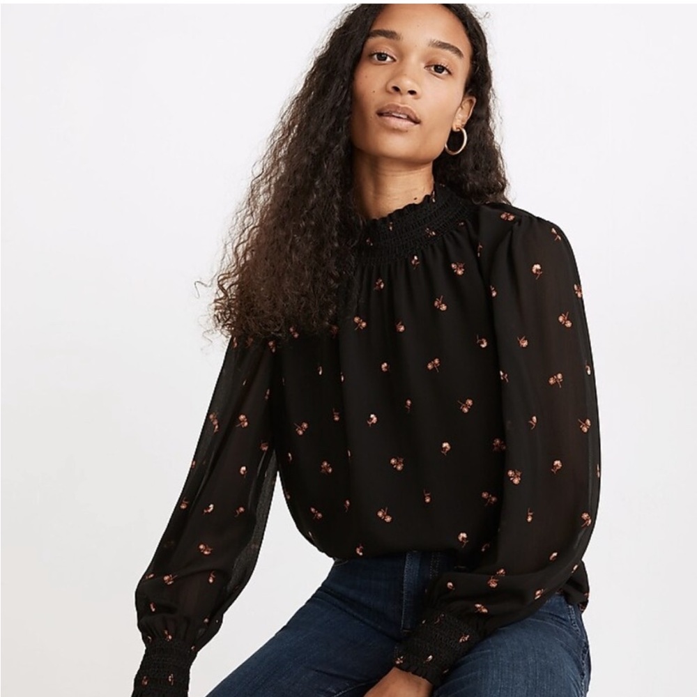Madewell Smocked Floral Mockneck Top